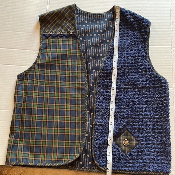 Handmade -Large-blue green plaid, blue terry cloth, buttons, unisex ,vest - Picture 8 of 9